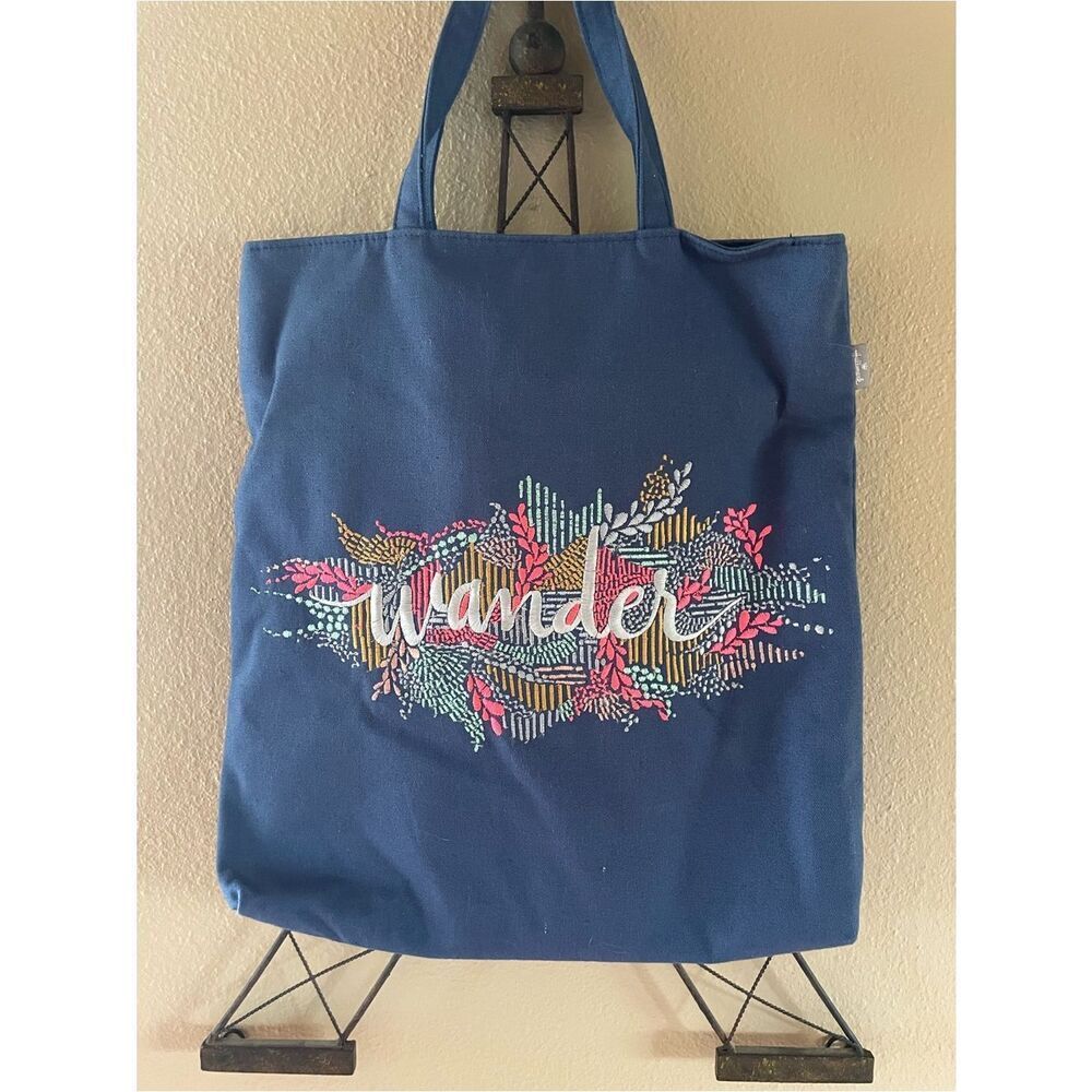 Wander Navy Canvas Tote Bag with Colorful Embroidery Hallmark VTG